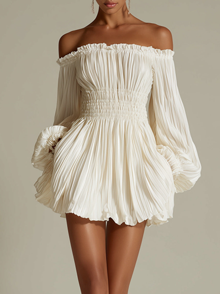 Elegant one-shoulder pleated long sleeve dress for women by eprolo, featuring a fitted silhouette and stylish design.