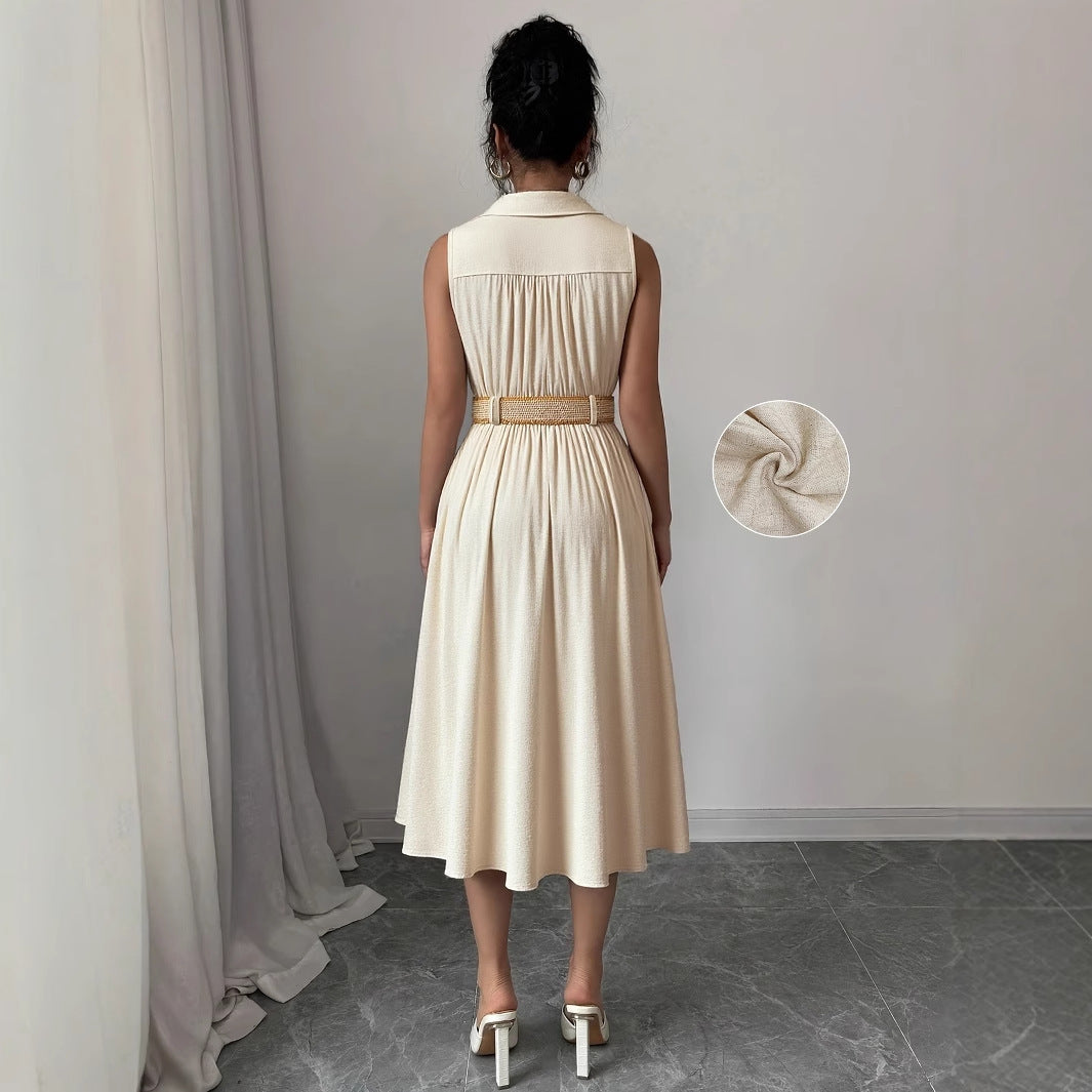 V-neck sleeveless shirt dress with breasted waistband and A-line hem, stylish women's dress by eprolo.