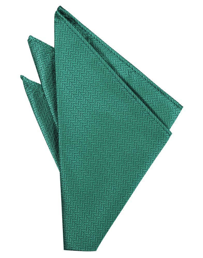 Aqua herringbone pocket square with a classic pattern, displayed folded in a pocket square holder.