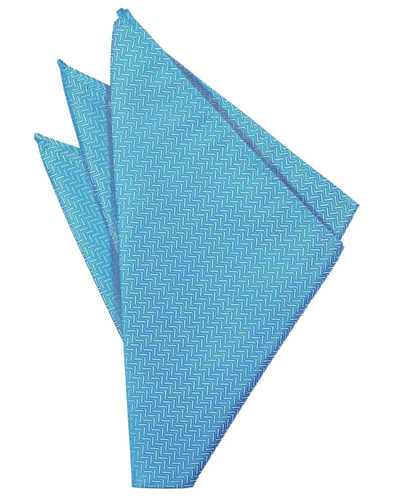 Blue ice herringbone pocket square by Tux-USA, showcasing a stylish pattern and elegant fold for formal wear.