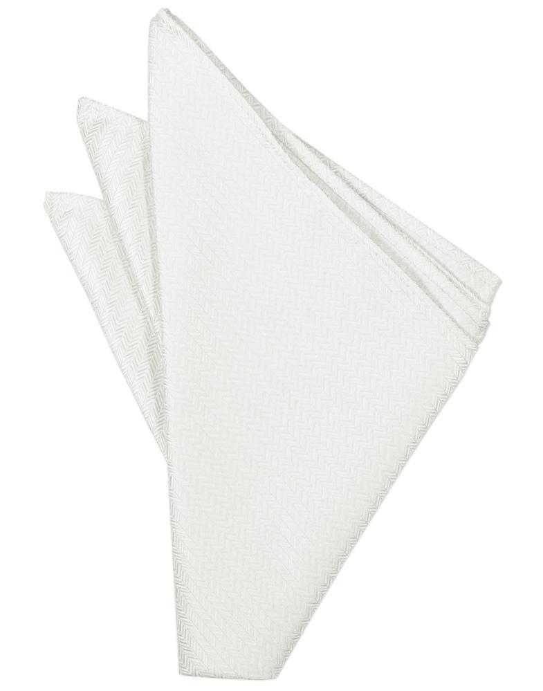 White herringbone diamond-patterned pocket square by Tux-USA, neatly folded with visible textured fabric and subtle border details.