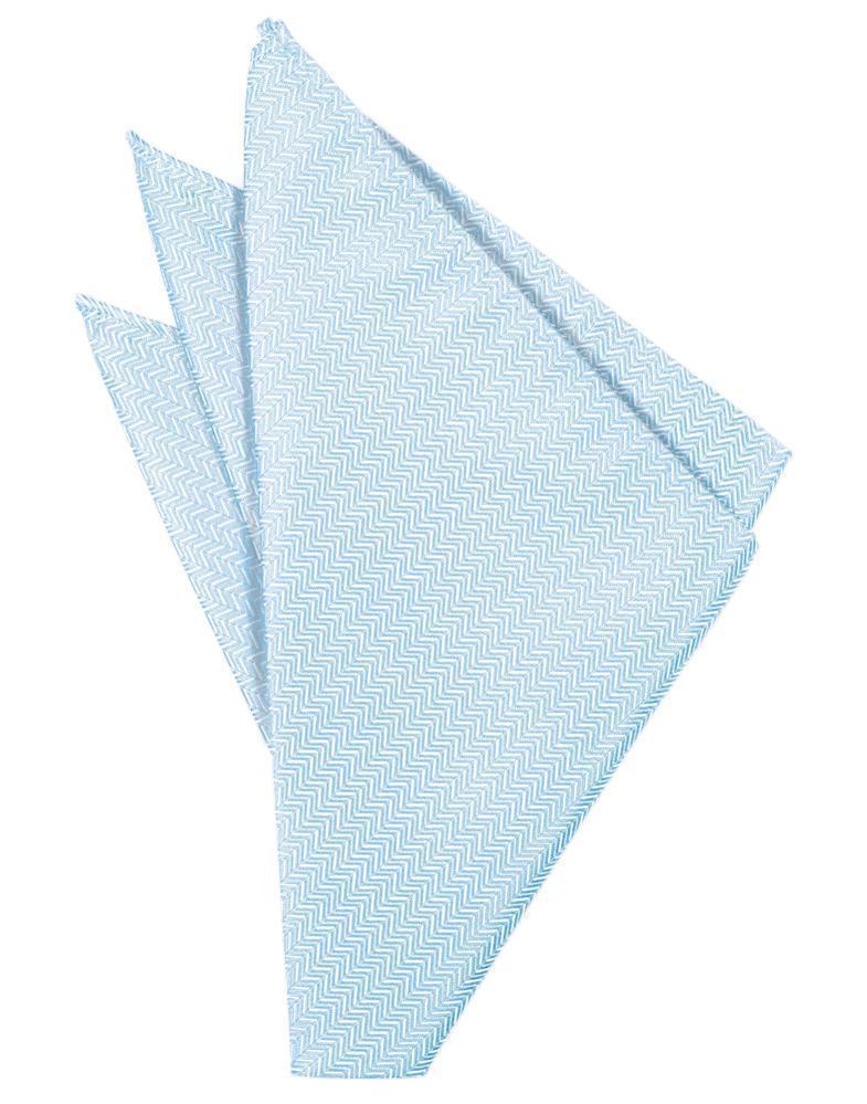 Powder blue herringbone pocket square by Tux-USA, featuring a classic pattern and neatly folded to showcase its elegant design.