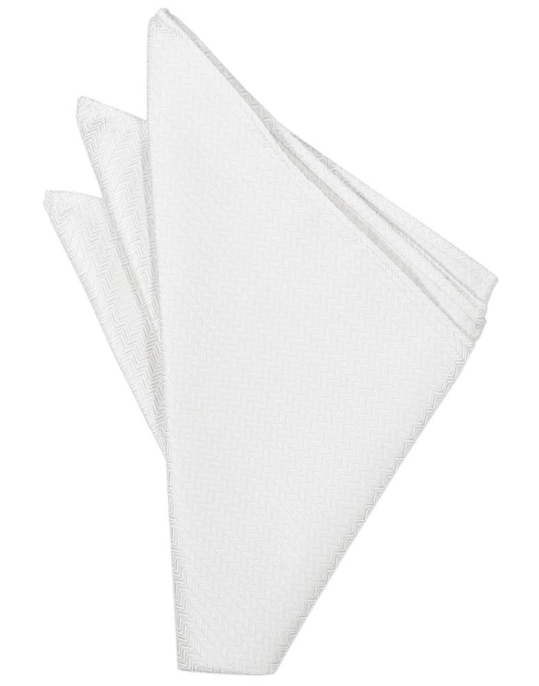 White herringbone pocket square from Tux-USA with a classic pattern, neatly folded showing the textured fabric.