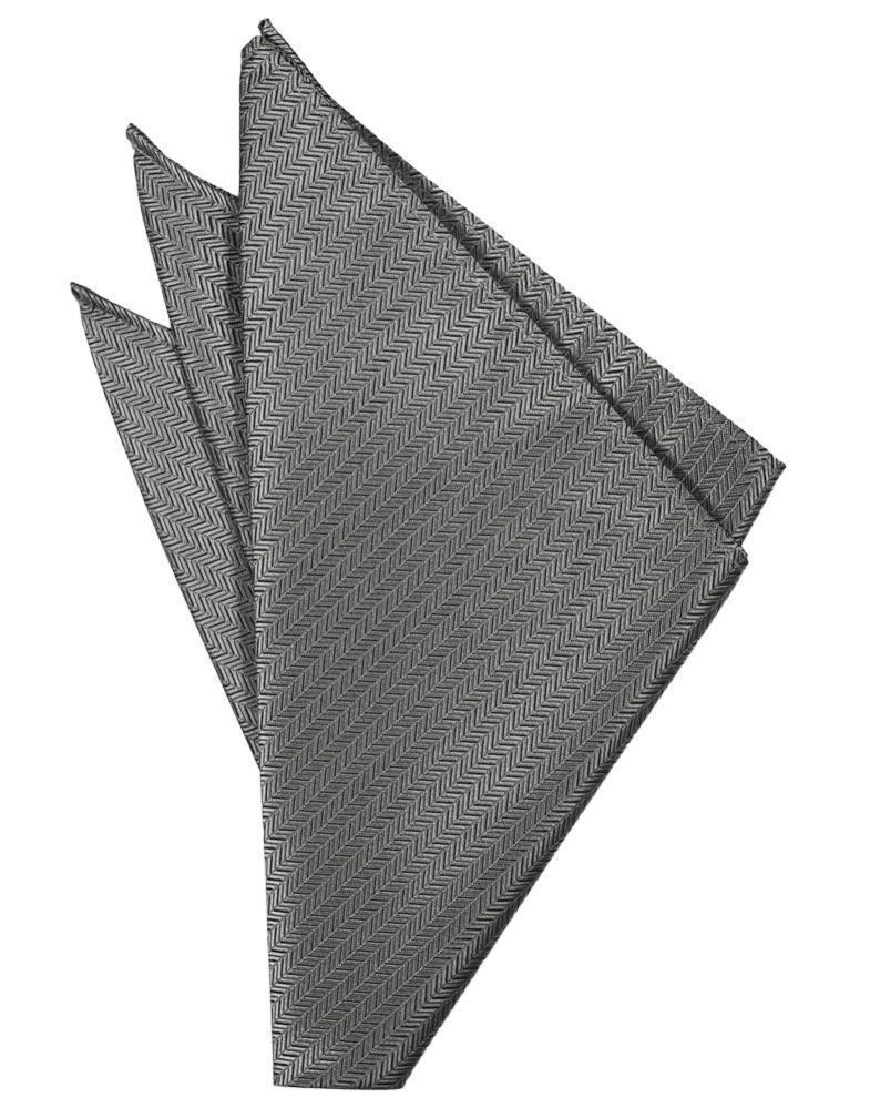Silver herringbone pocket square from Tux-USA, featuring a classic pattern, neatly folded with visible textured fabric.