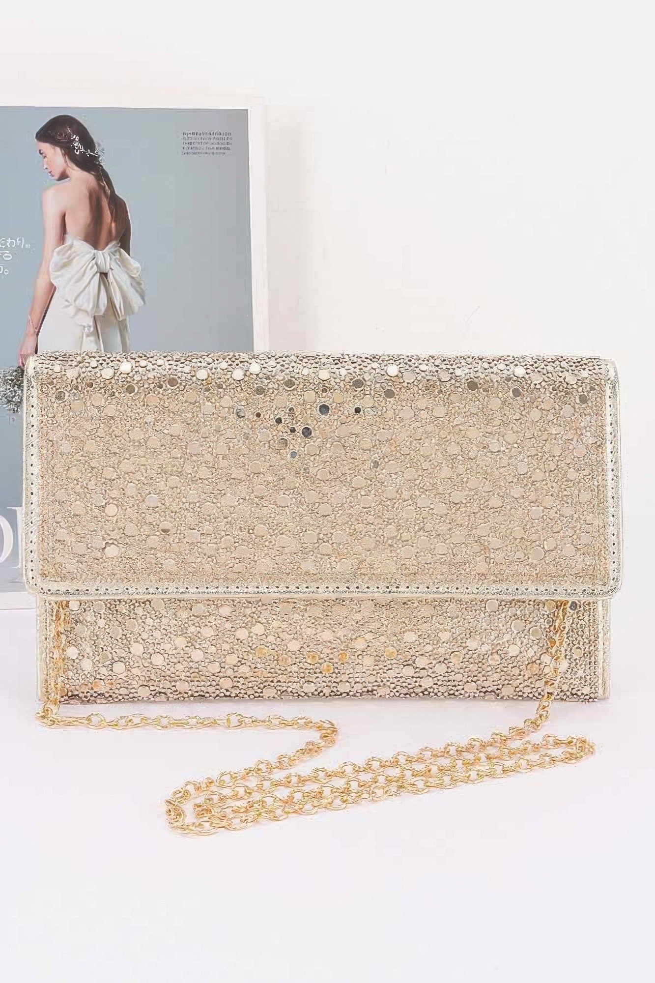 Golden Heir rhinestone envelope evening clutch bag with sparkling embellishments, perfect for formal occasions.