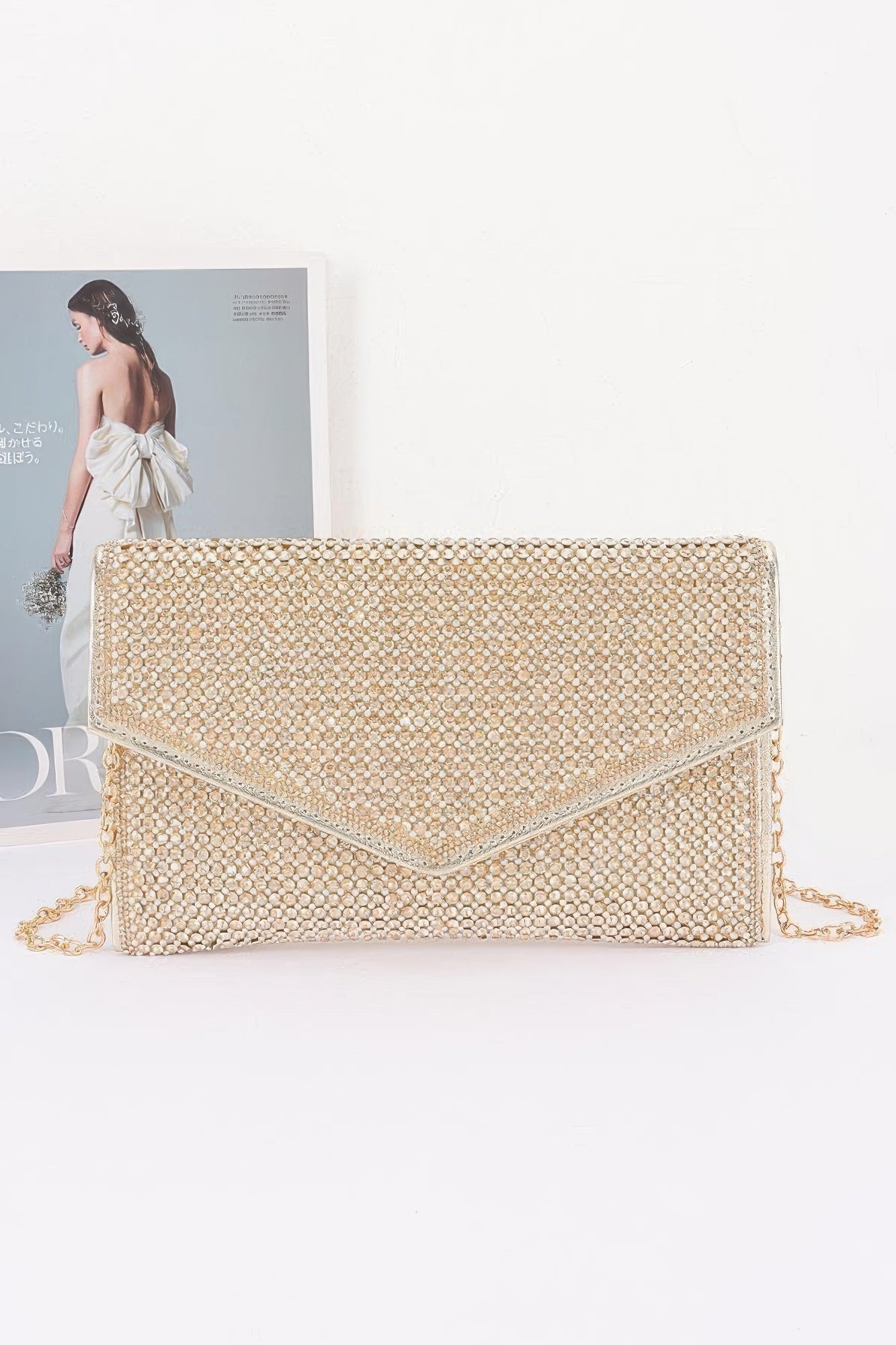 Golden Heir Rhinestone Pearl Flap Party Clutch with sparkling rhinestones and elegant pearl accents, stylish evening accessory.