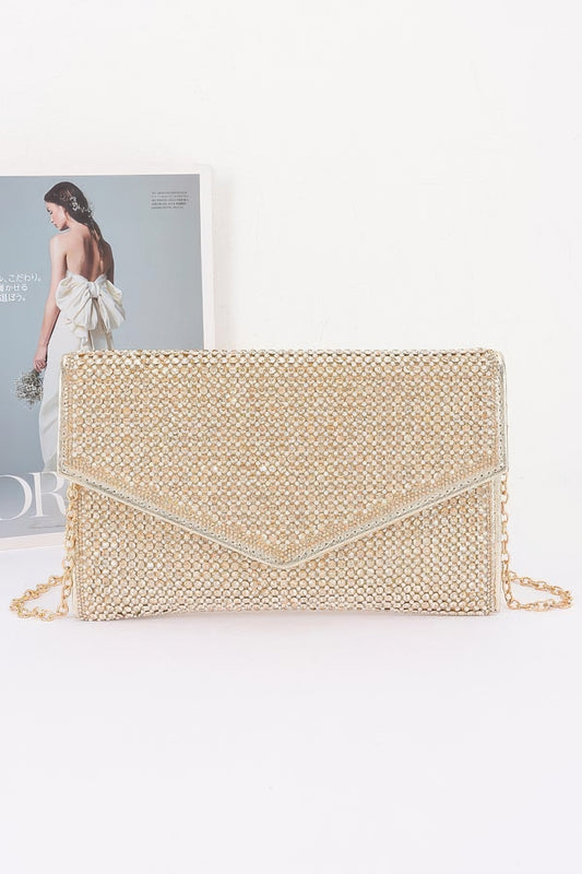 Golden Heir Rhinestone Pearl Flap Party Clutch with sparkling rhinestones and elegant pearl accents, stylish evening accessory.
