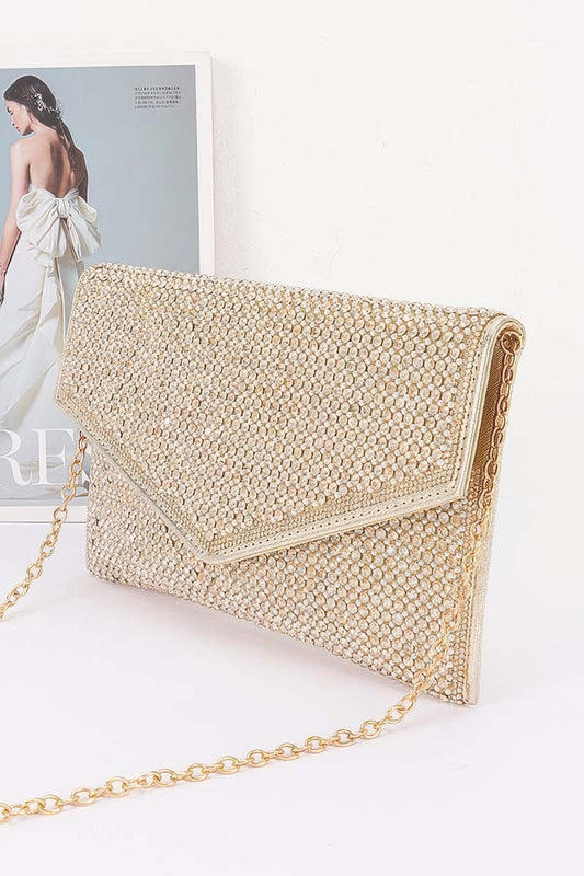 Golden Heir Rhinestone Pearl Flap Party Clutch with sparkling embellishments and elegant design, perfect for evening events.