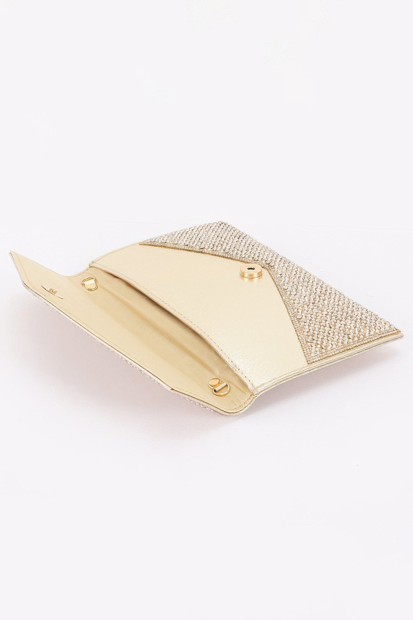 Golden Heir rhinestone pearl flap party clutch with sparkling embellishments and elegant design for evening events.