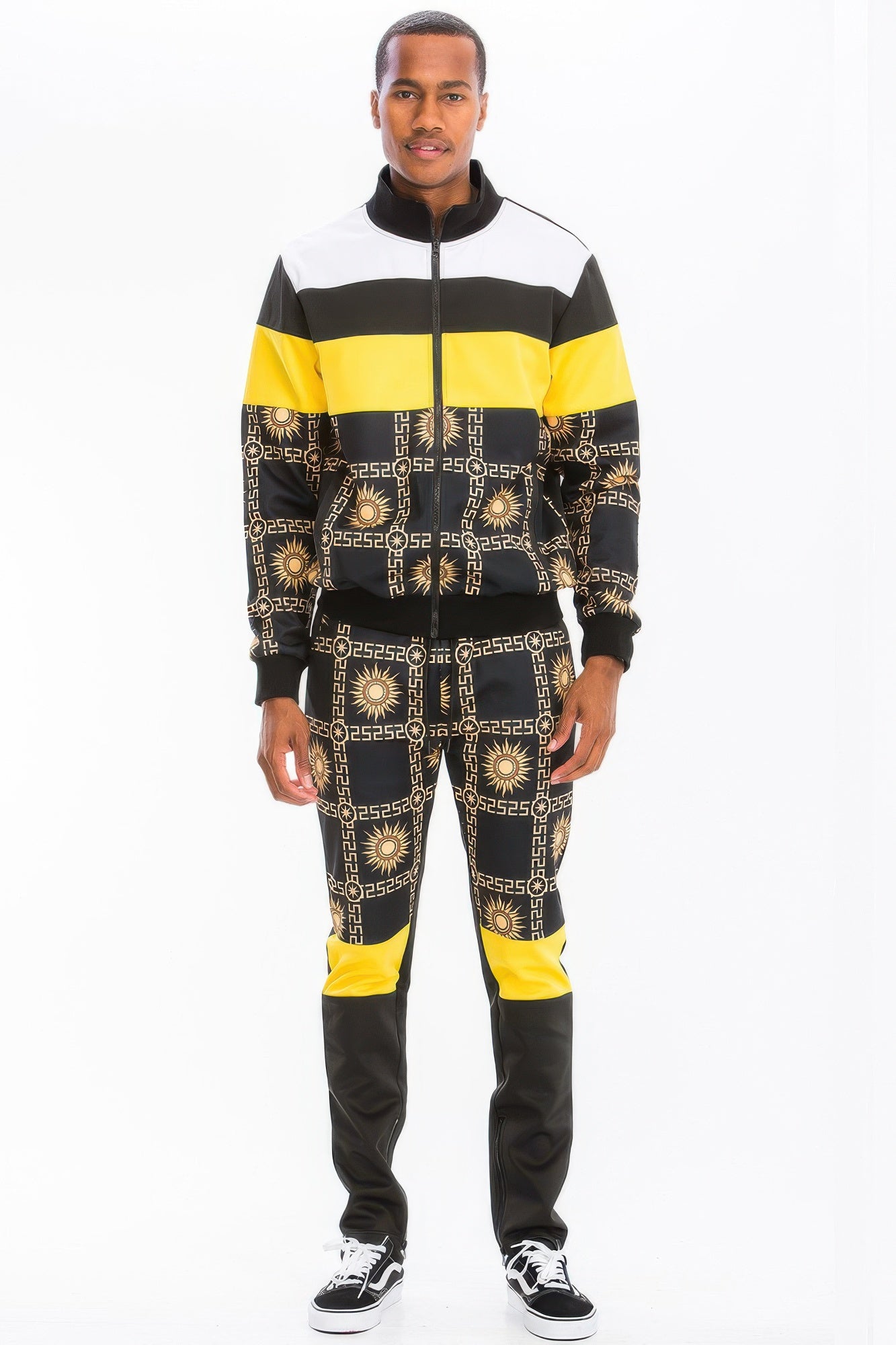 Golden Heir printed poly span track set, activewear ensemble with matching jacket and pants, ideal for workout and casual wear.