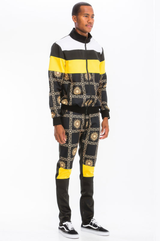 Golden Heir printed poly span track set featuring a stylish activewear ensemble with a matching top and pants.
