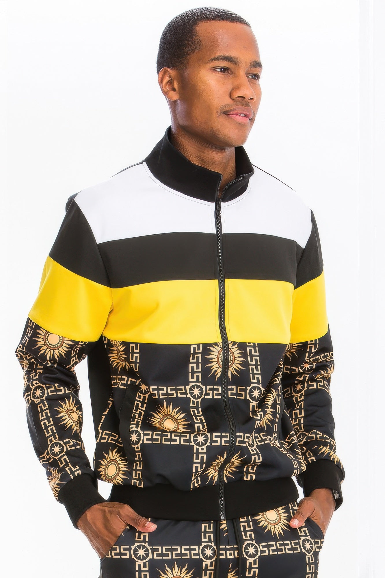 Golden Heir printed poly span track set, activewear with a stylish design, includes matching jacket and leggings for workouts.
