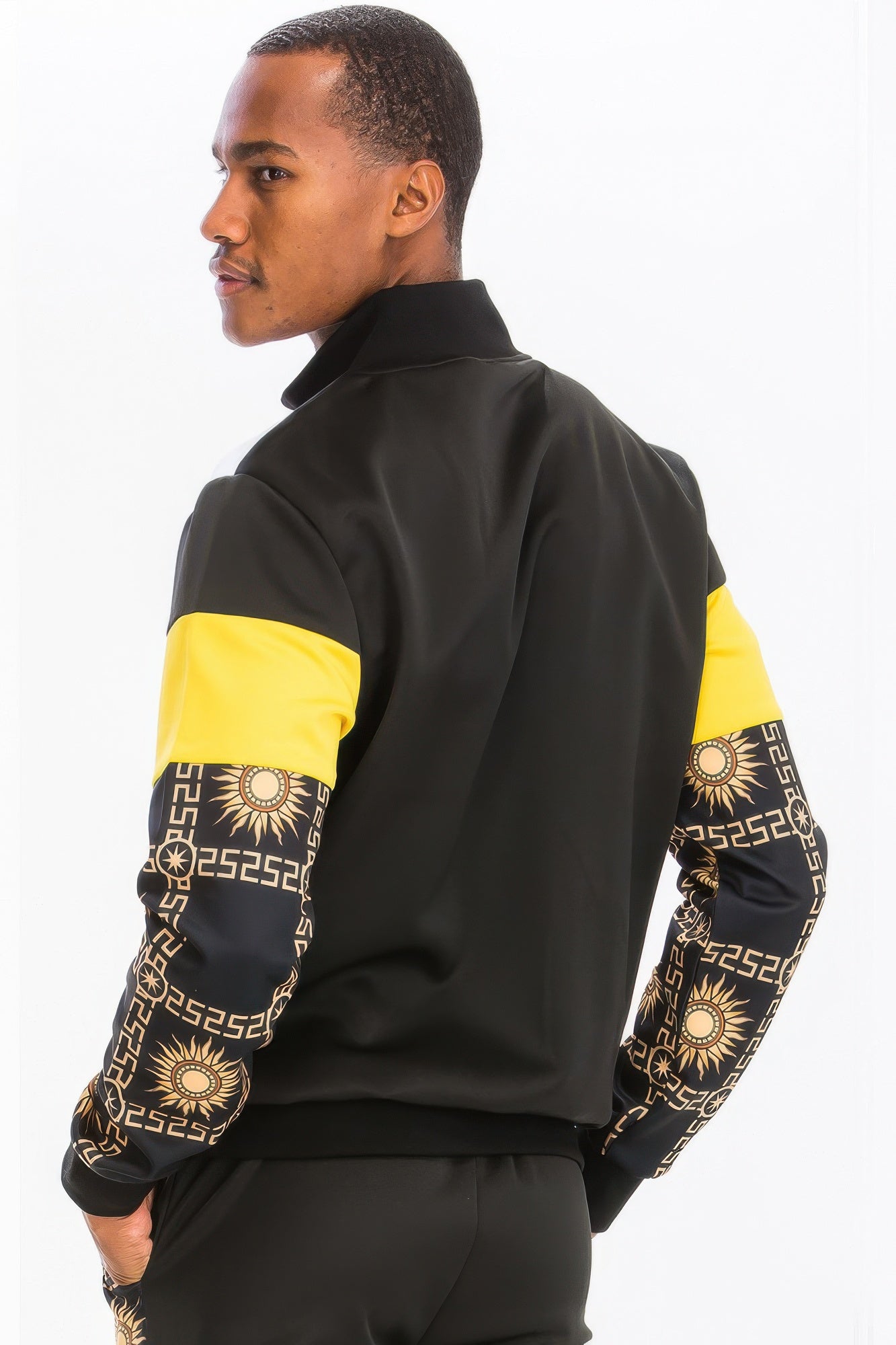Golden Heir printed poly span activewear track set, featuring a stylish design with matching top and pants for workout comfort.