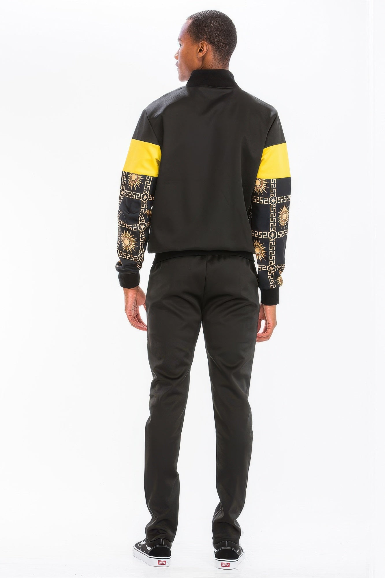 Golden Heir printed poly span activewear track set with a fitted jacket and matching pants, ideal for workout and casual wear.
