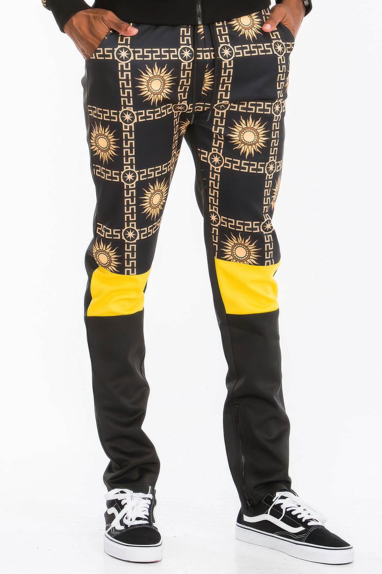Golden Heir printed poly span activewear track set with matching jacket and pants, designed for comfortable athletic wear.