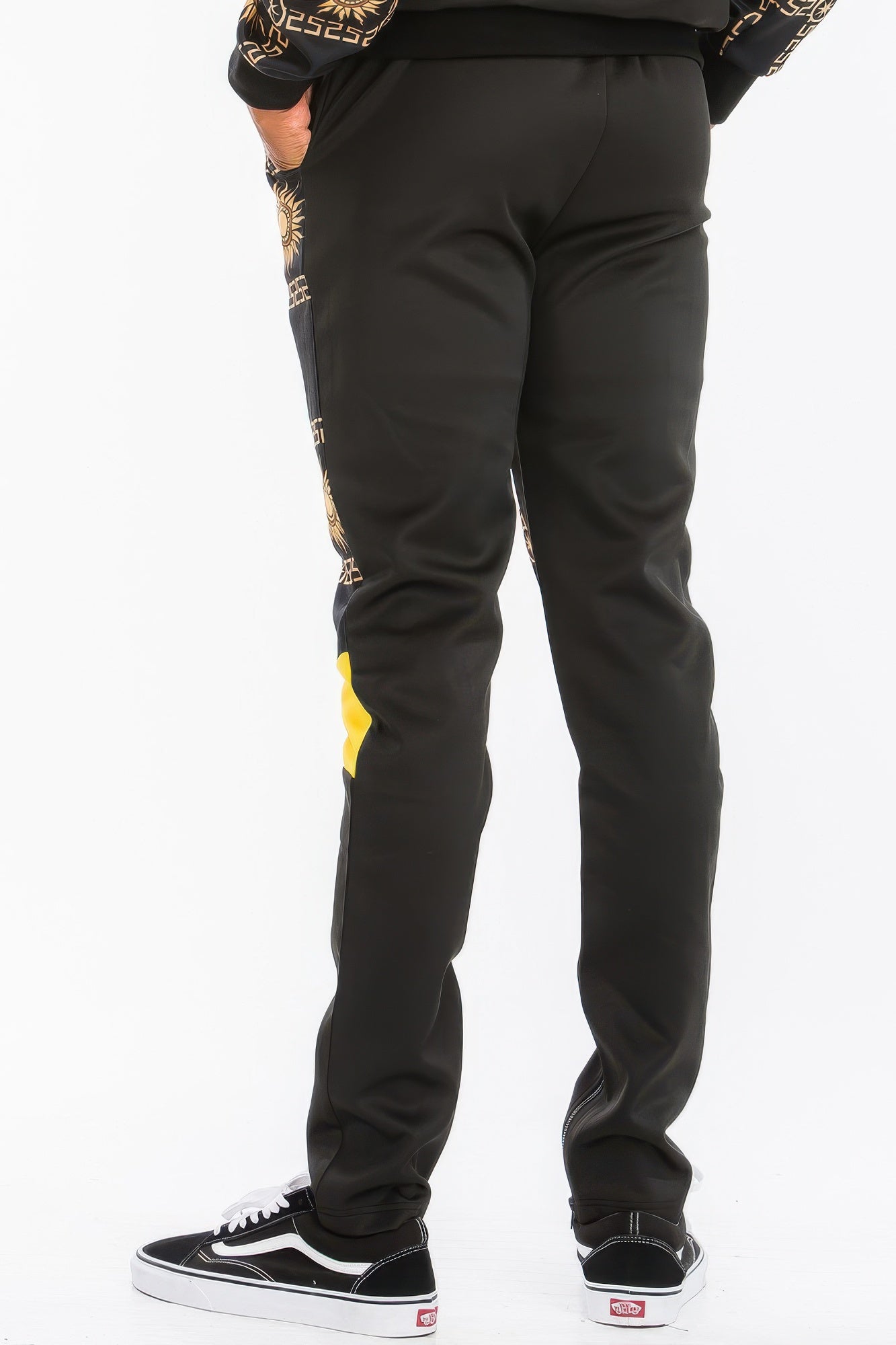 Golden Heir printed poly span activewear track set with matching top and bottoms, designed for comfortable athletic wear.