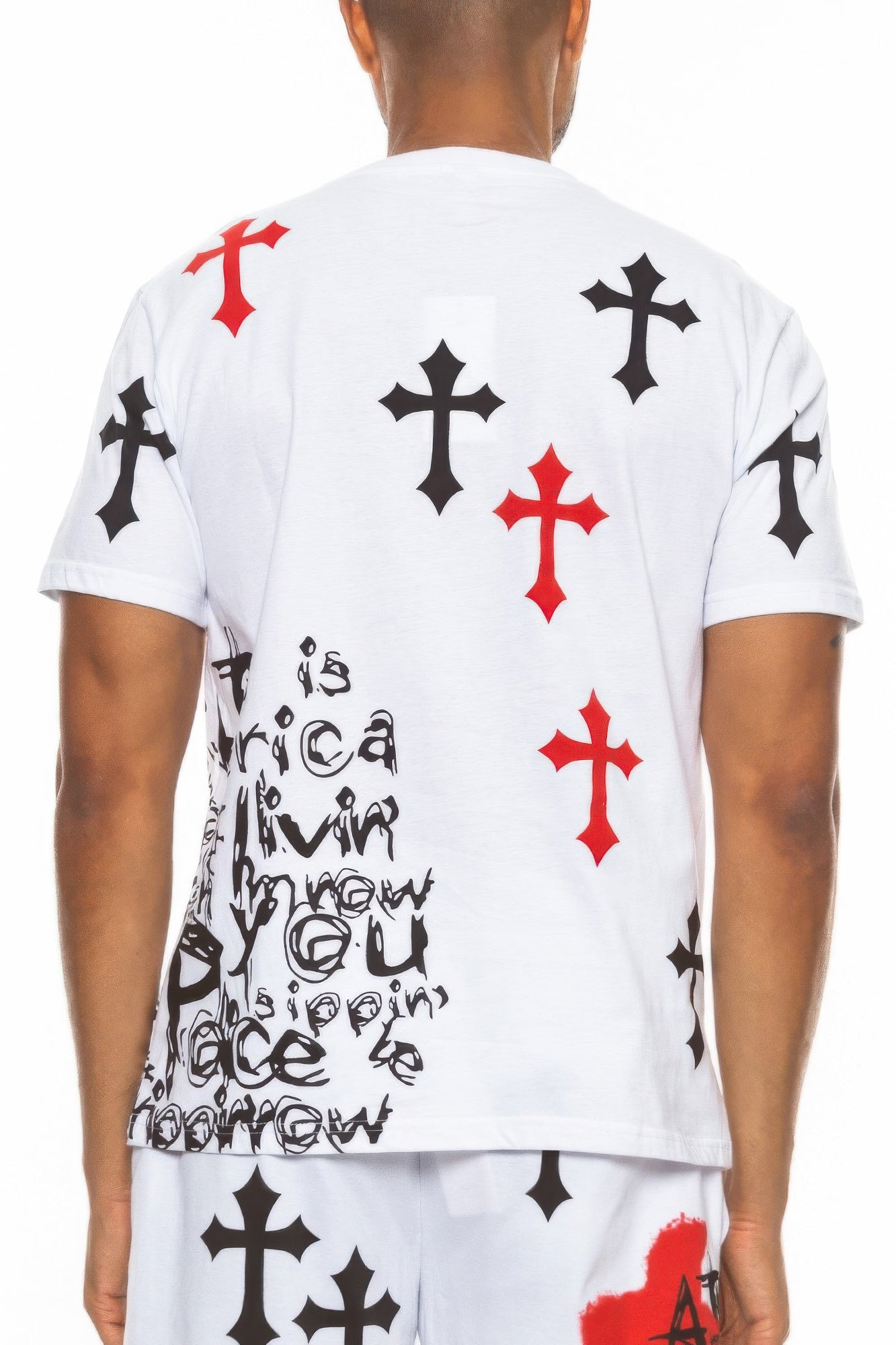 Golden Heir Cotton Print Chrome Cross T-Shirt featuring a bold chrome cross design on soft white cotton fabric.