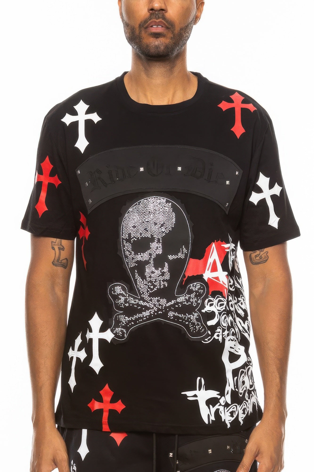Golden Heir Cotton Print Chrome Cross T-Shirt featuring a bold chrome cross design on white cotton fabric.
