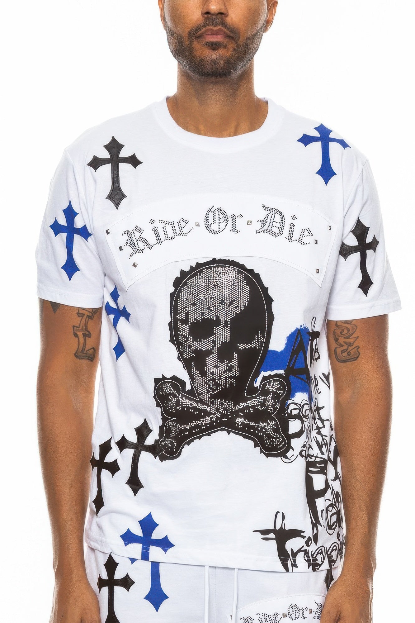 Golden Heir Cotton Print Chrome Cross T-Shirt featuring a bold chrome cross design on white cotton fabric.