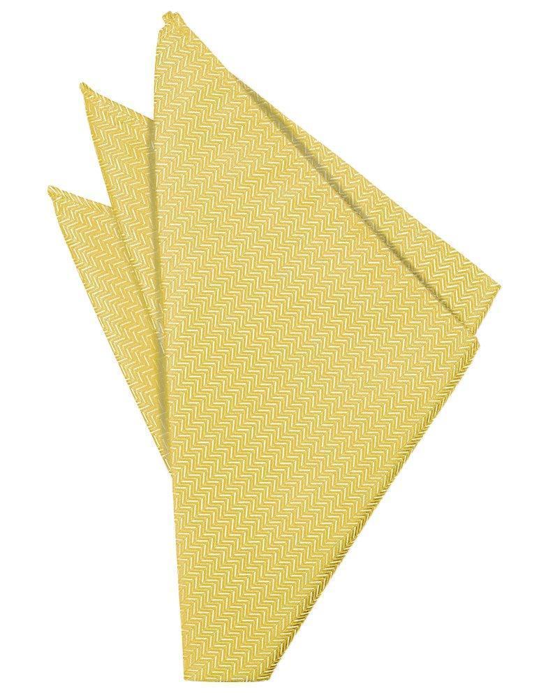 Buttercup yellow herringbone pocket square by Tux-USA, showcasing a classic pattern and elegant fold for formal attire.