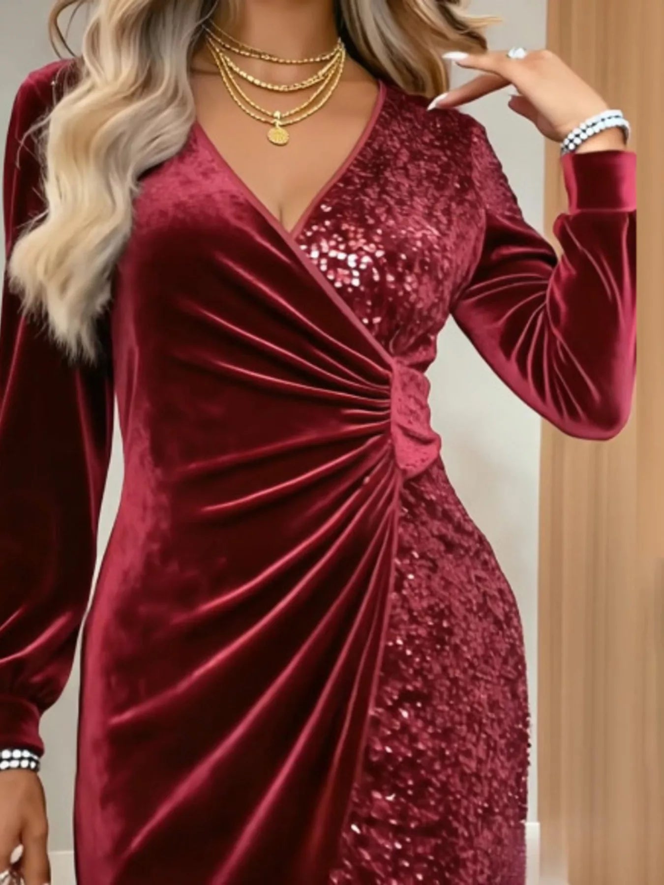 Velvet sequin long sleeve wrap dress from Trendsi featuring a luxurious fabric and elegant design in deep jewel tone.