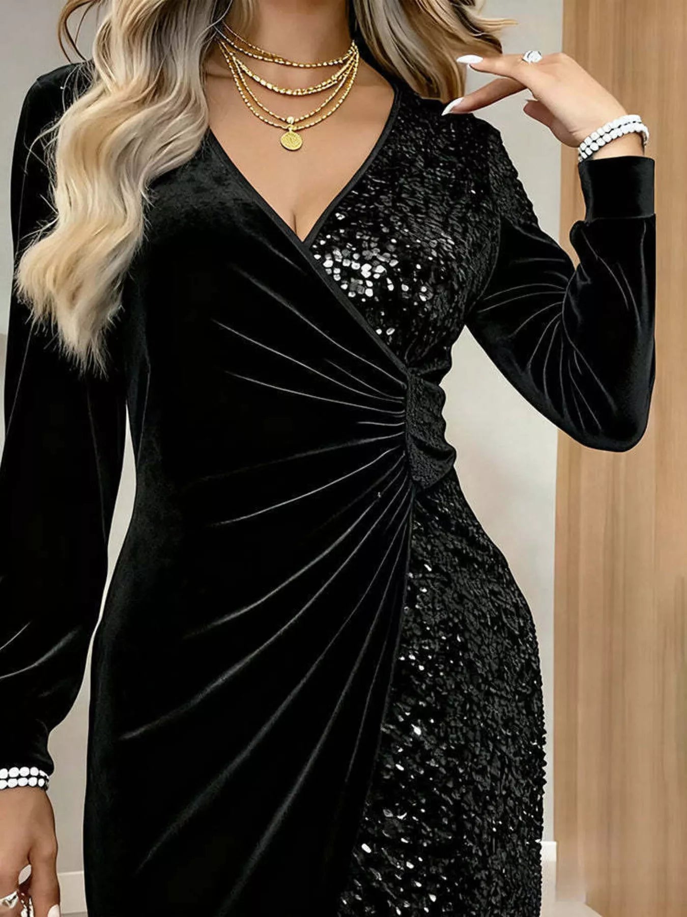 Velvet sequin long sleeve wrap dress by Trendsi, featuring a fitted silhouette, deep V neckline, and shimmering sequin details.