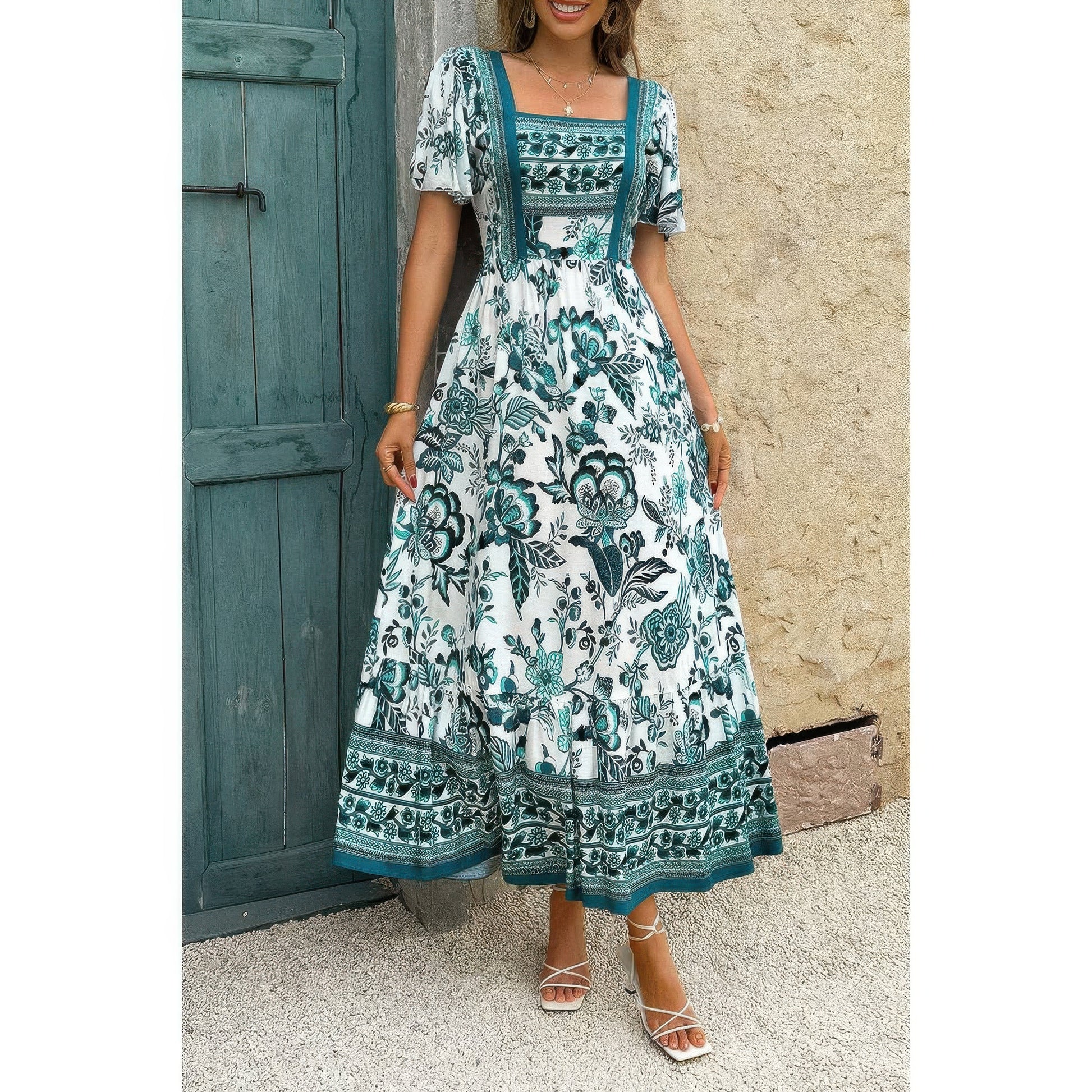 Golden Heir green floral A-line dress with square neckline, ankle-length, perfect for elegant occasions.