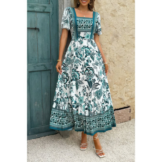Golden Heir green floral A-line dress with square neckline, ankle-length, perfect for elegant occasions.