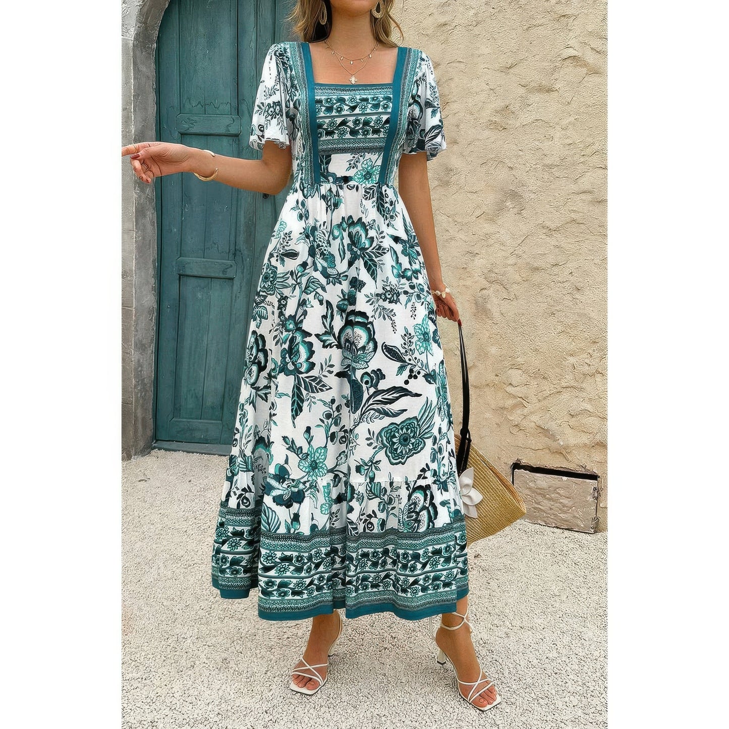 Golden Heir square neck floral A-line dress in green, ankle-length with a flattering fit and elegant design.