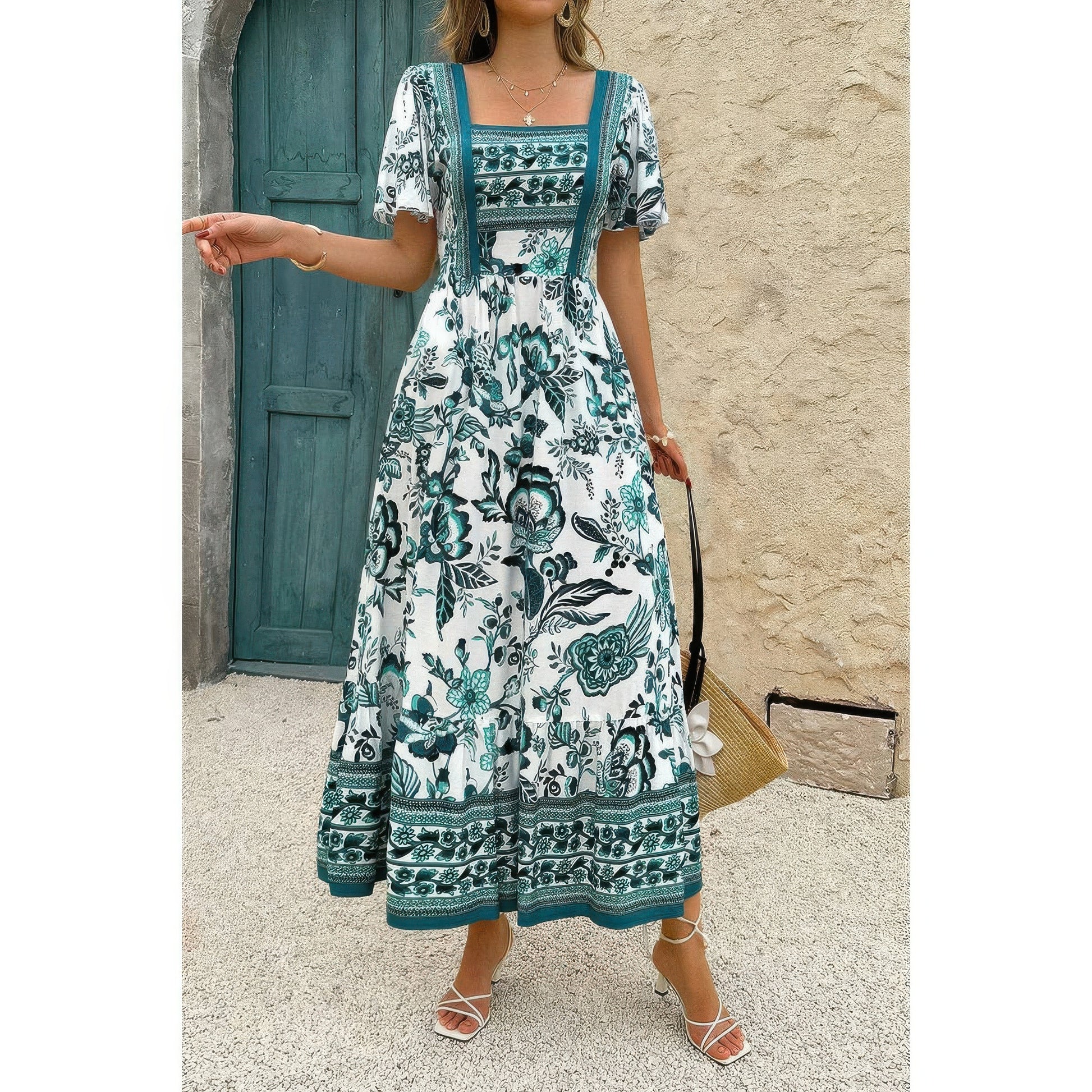 Golden Heir square neck floral A-line dress in green, ankle-length with a flattering fit and elegant design.