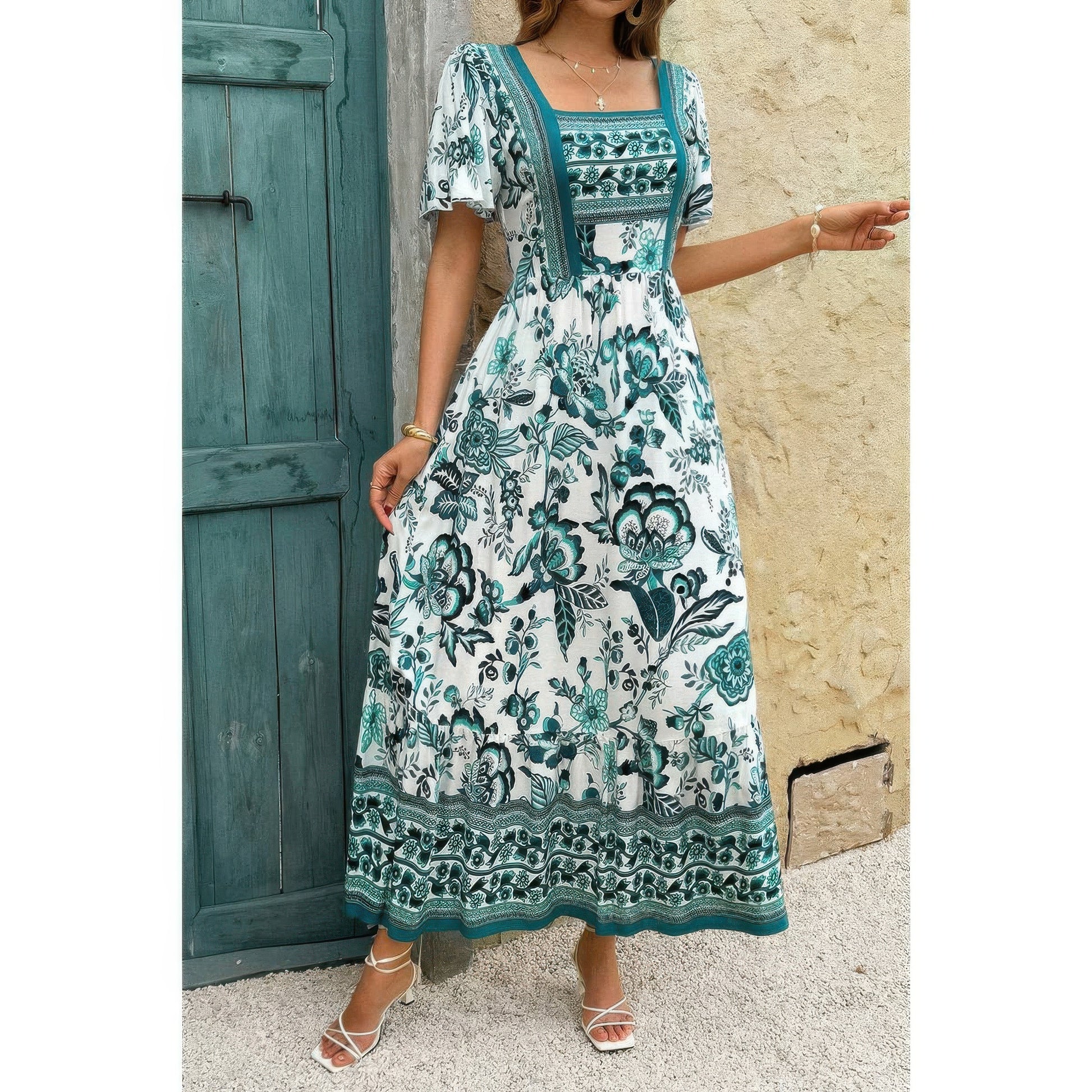 Golden Heir square neck floral A-line dress in green, ankle-length with a fitted bodice and flowing skirt, perfect for summer wear.