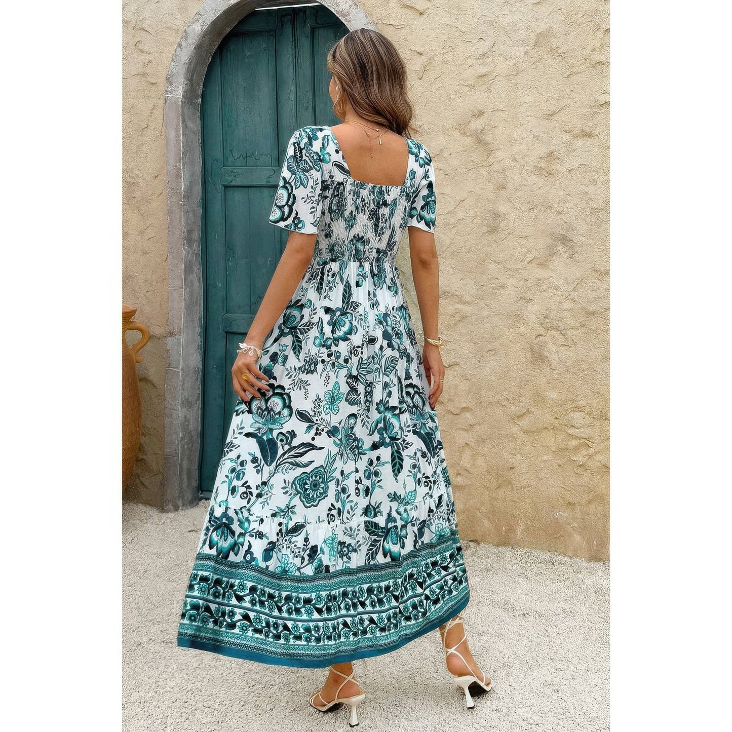 Golden Heir square neck floral ankle-length A-line dress in green, featuring a stylish fit-and-flare silhouette and elegant design.