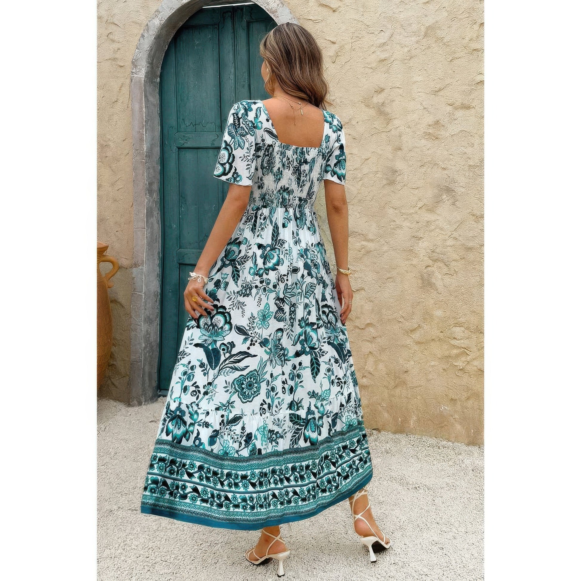 Golden Heir square neck floral ankle-length A-line dress in green, featuring a stylish fit-and-flare silhouette and elegant design.