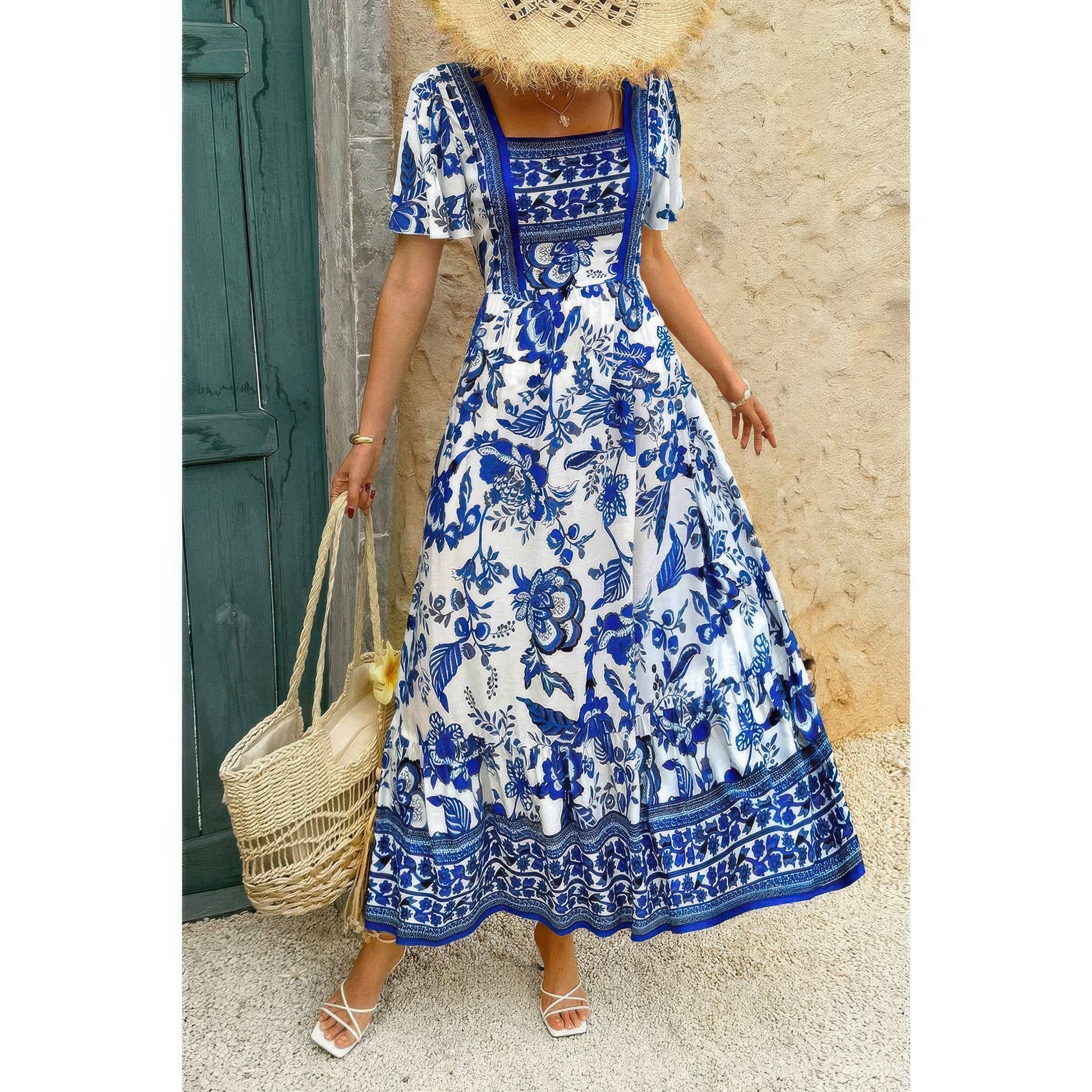 Golden Heir green floral A-Line dress with square neckline and ankle-length hem, perfect for elegant occasions.