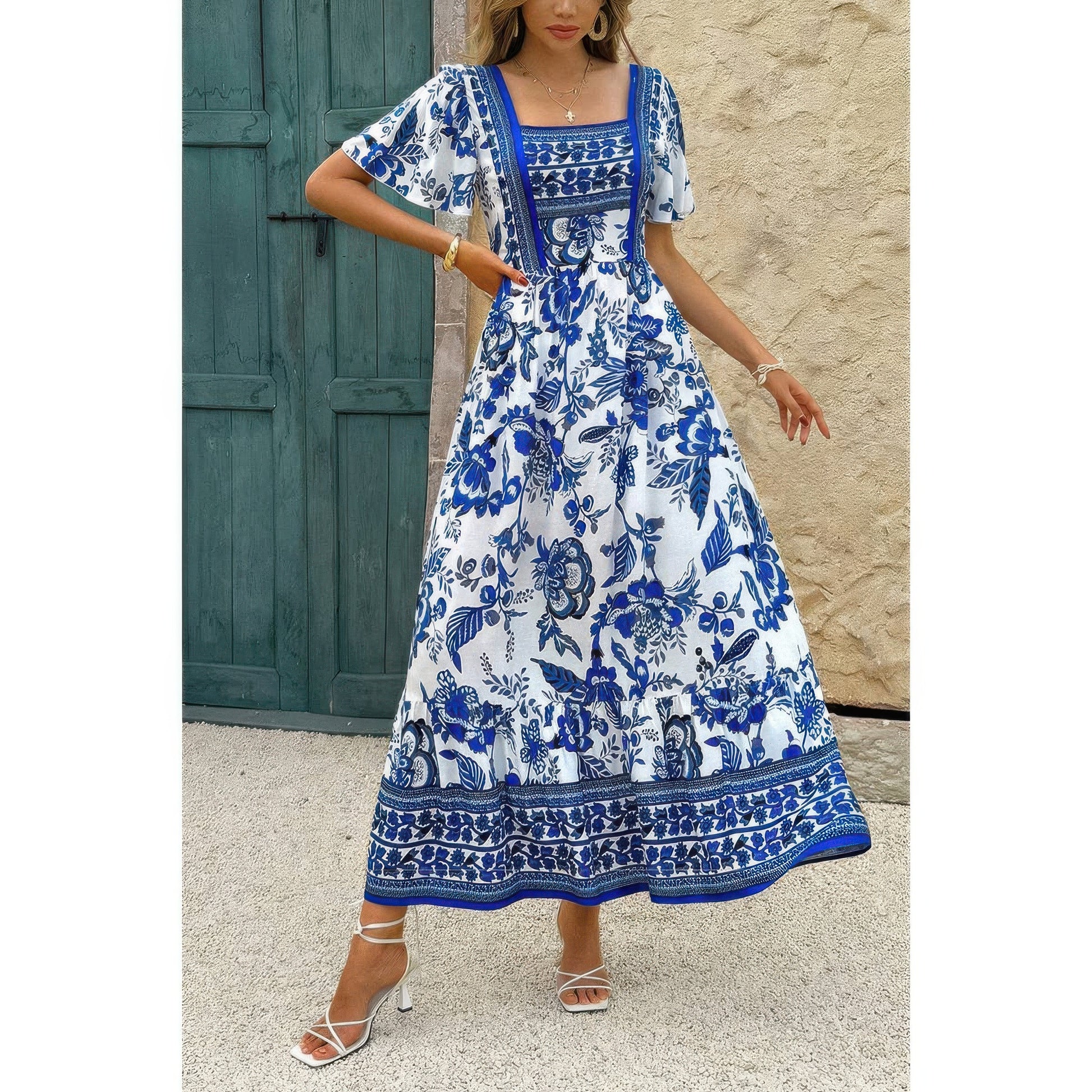 Golden Heir square neck floral A-line dress in green, ankle-length with a flattering fit and elegant design.