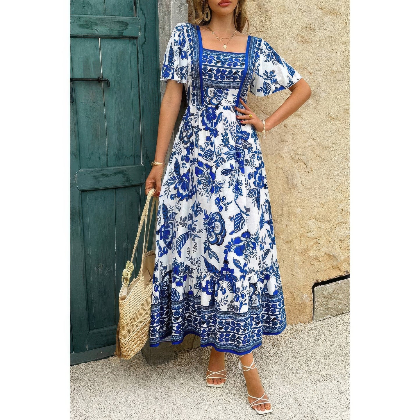 Golden Heir green floral square neck A-line dress with ankle length, crafted from lightweight fabric, perfect for elegant occasions.