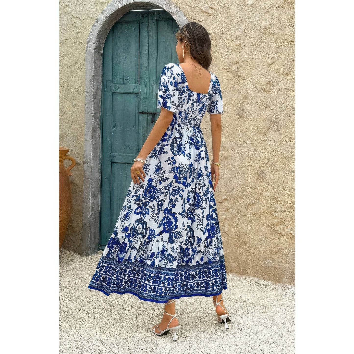 Golden Heir green floral A-Line dress with square neckline, ankle-length, perfect for elegant occasions.