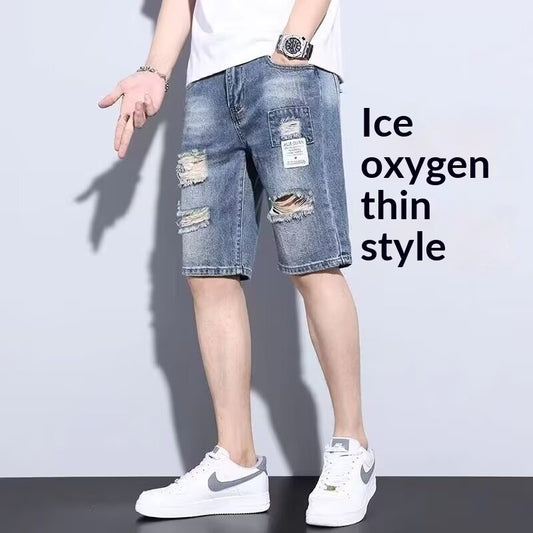 Light blue men's five-point casual ripped denim shorts from Golden Heir, styled with a relaxed fit and distressed details.
