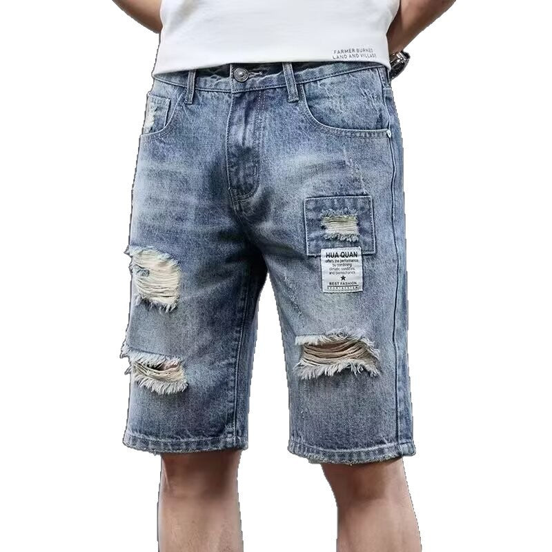 Light blue men's Five-Point Casual Ripped Denim Shorts from Golden Heir, styled with an A-line dress design.