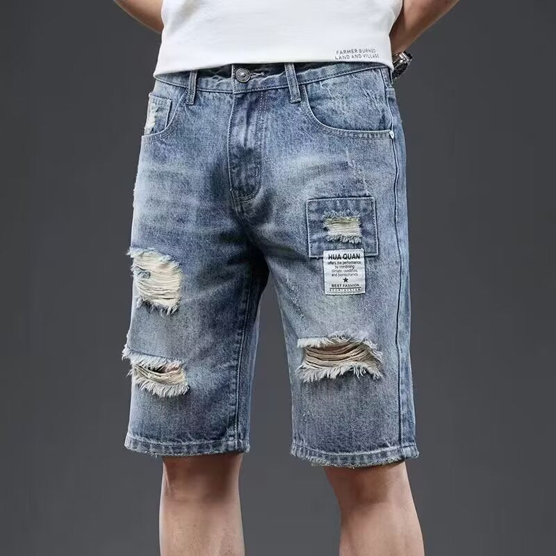 Light blue men's Five-Point casual ripped denim shorts by Golden Heir, featuring a relaxed fit and distressed details.