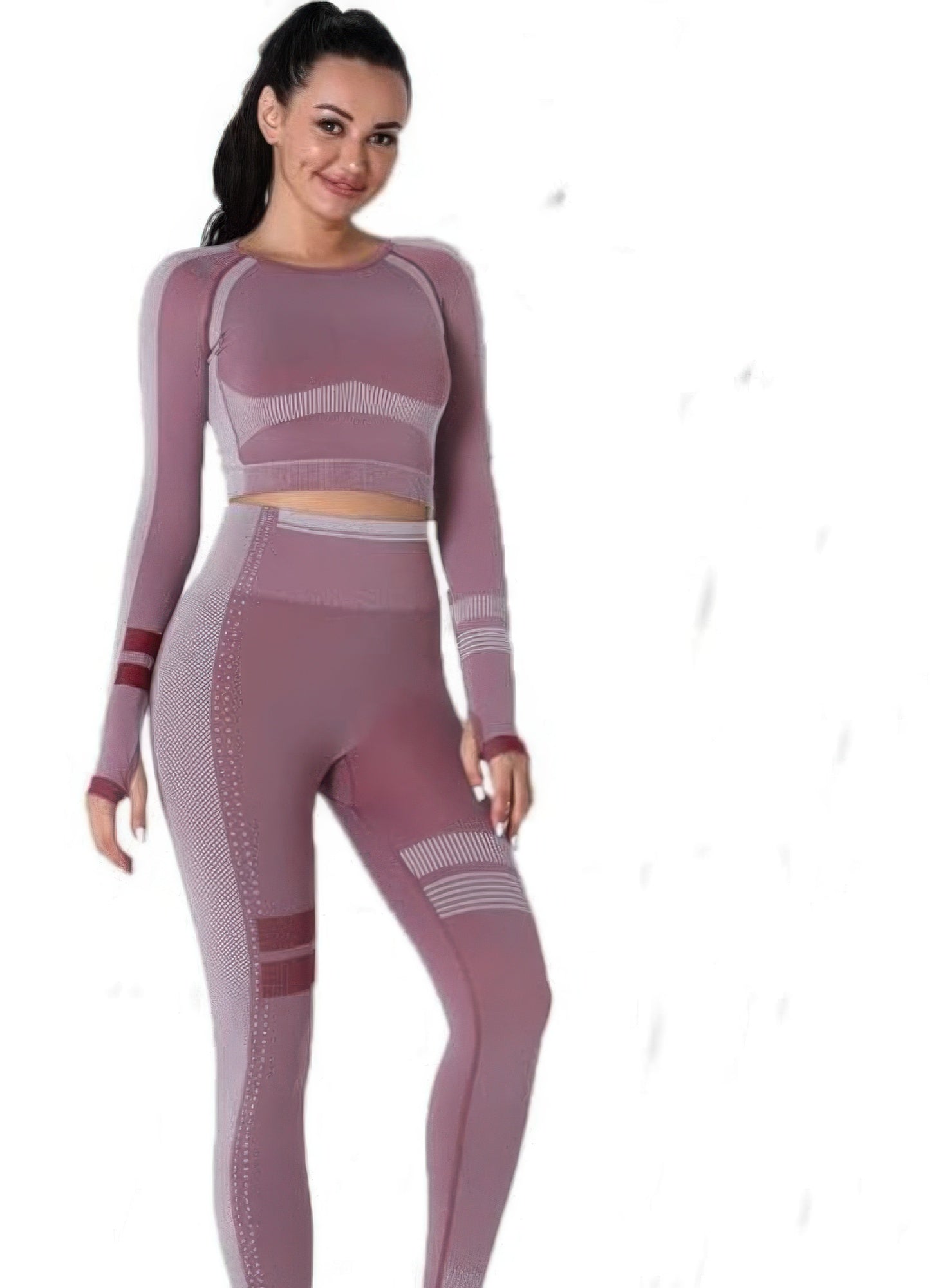 Golden Heir seamless long sleeve yoga set in berry color, featuring a fitted activewear design for comfortable movement.