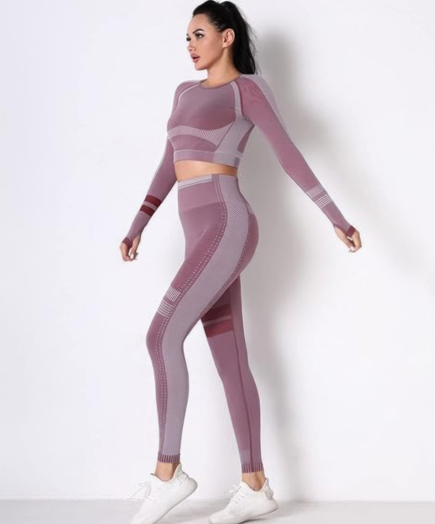 Golden Heir seamless long sleeve yoga set in berry color, designed for comfortable activewear and stylish workout sessions.