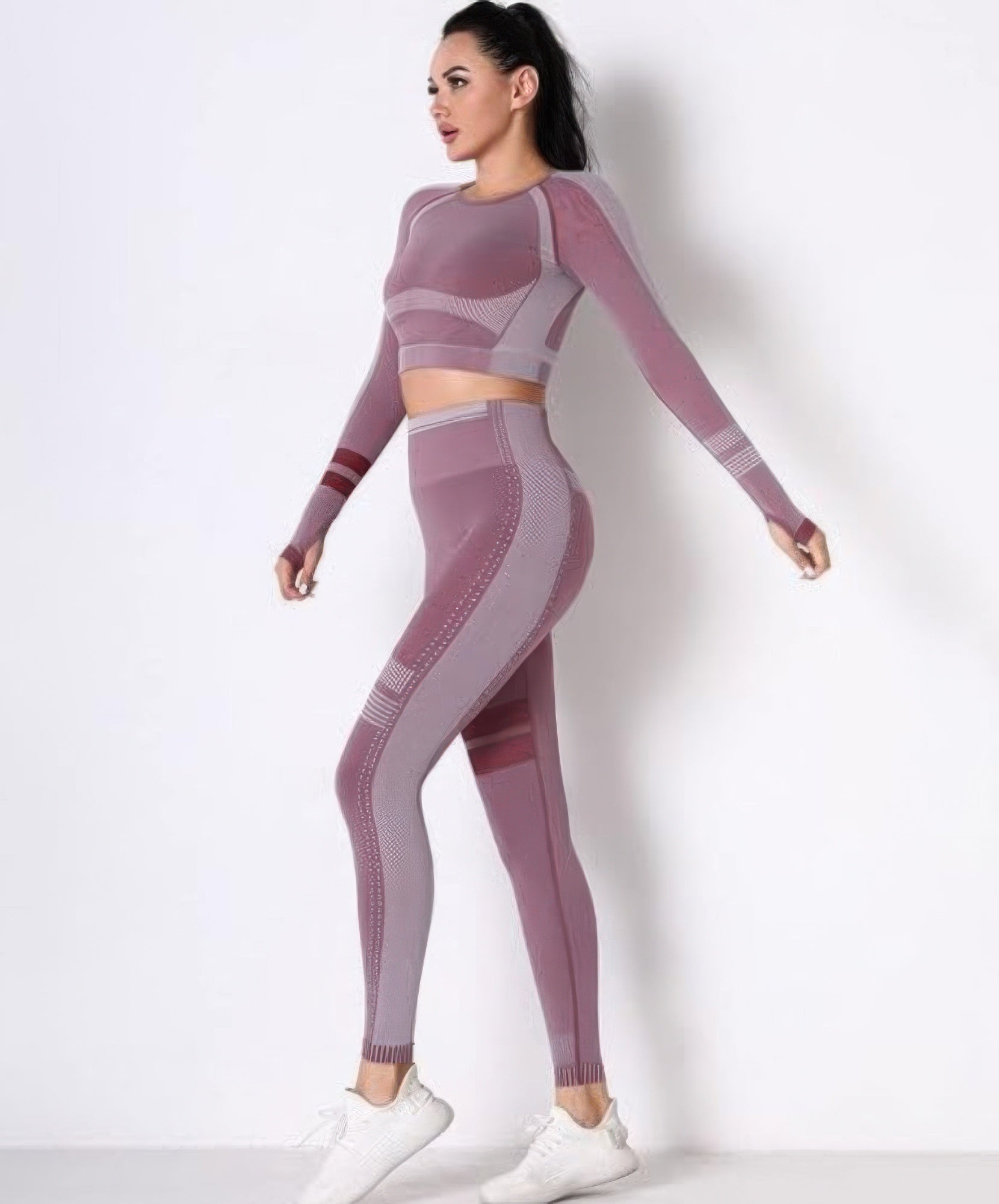 Golden Heir seamless long sleeve yoga set in berry color, designed for comfortable activewear and stylish workout sessions.
