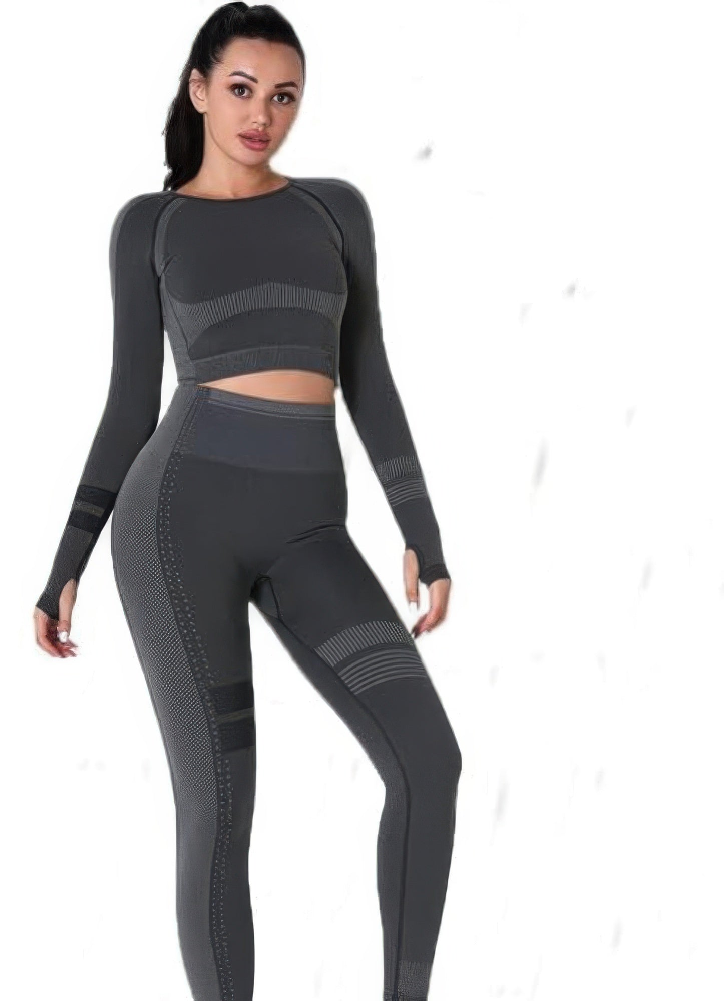 Golden Heir seamless long sleeve yoga set in dark gray, athletic activewear for comfortable workouts and yoga sessions.