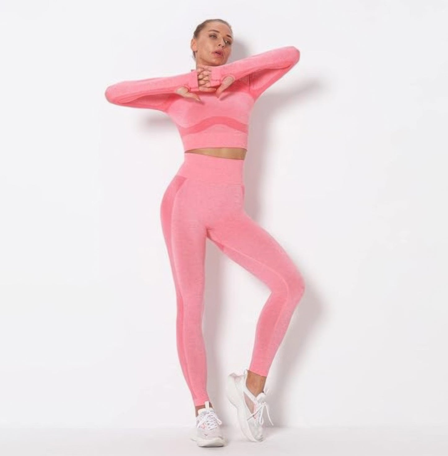 Golden Heir pink seamless long sleeve yoga set, comfortable activewear with fitted design, ideal for workouts and yoga sessions.