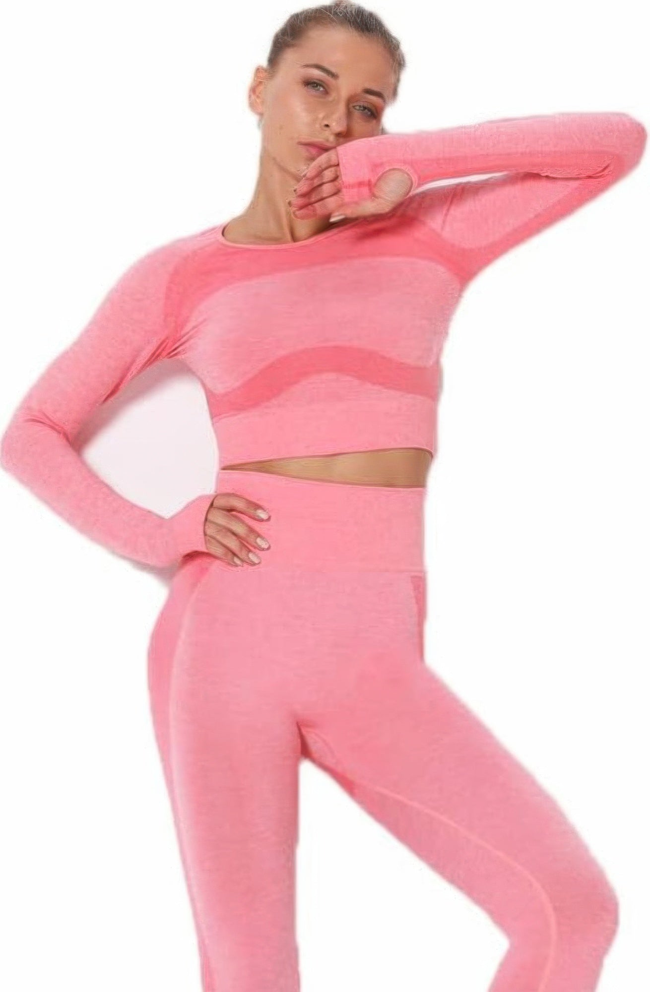 Golden Heir seamless long sleeve pink yoga set, activewear outfit with fitted design for exercise and comfortable movement.