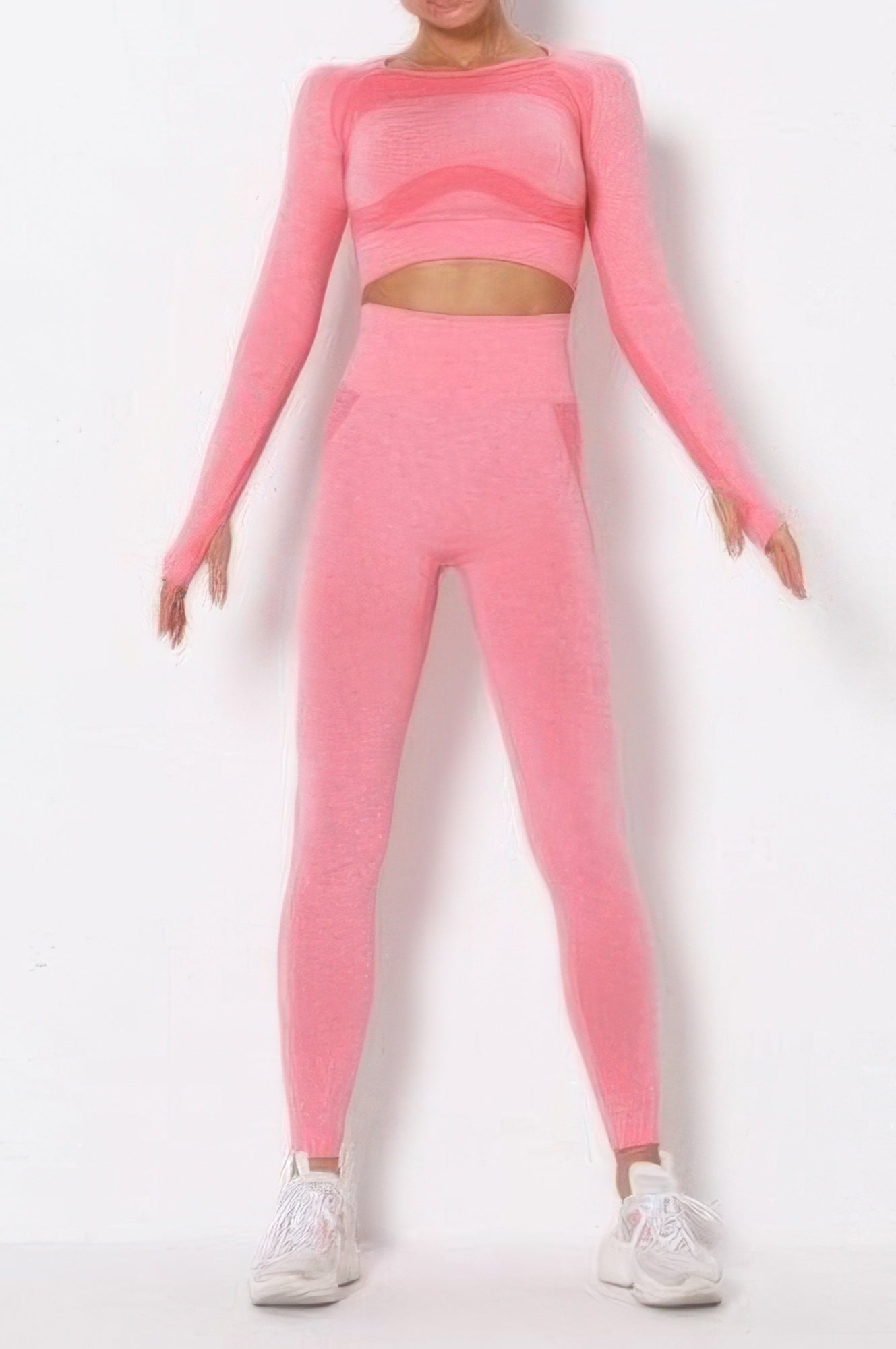Pink Golden Heir seamless long sleeve yoga set, activewear with a fitted design, perfect for exercise and yoga sessions.