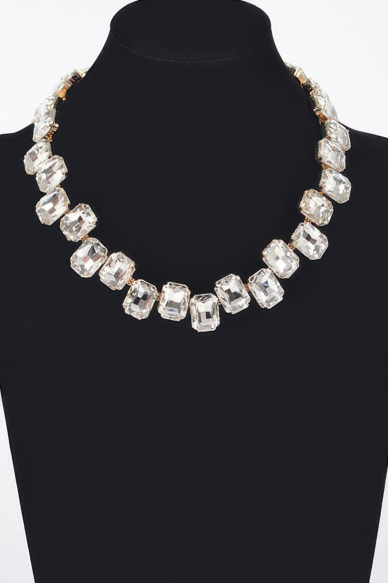 Golden Heir Elysian Prismatic Sovereign Collar, 14-inch architectural stone statement necklace in clear gold with intricate design.