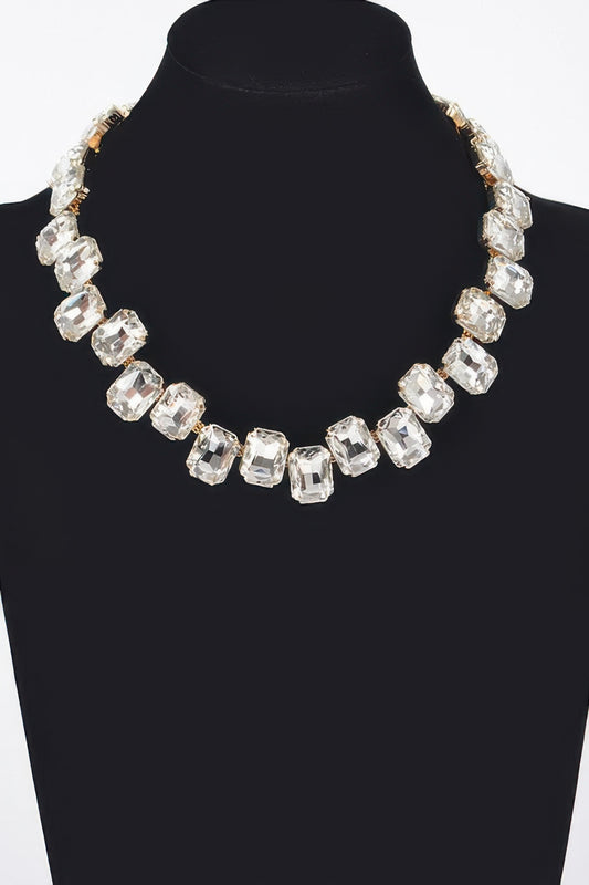 Golden Heir Elysian Prismatic Sovereign Collar, 14-inch architectural stone statement necklace in clear gold with intricate design.