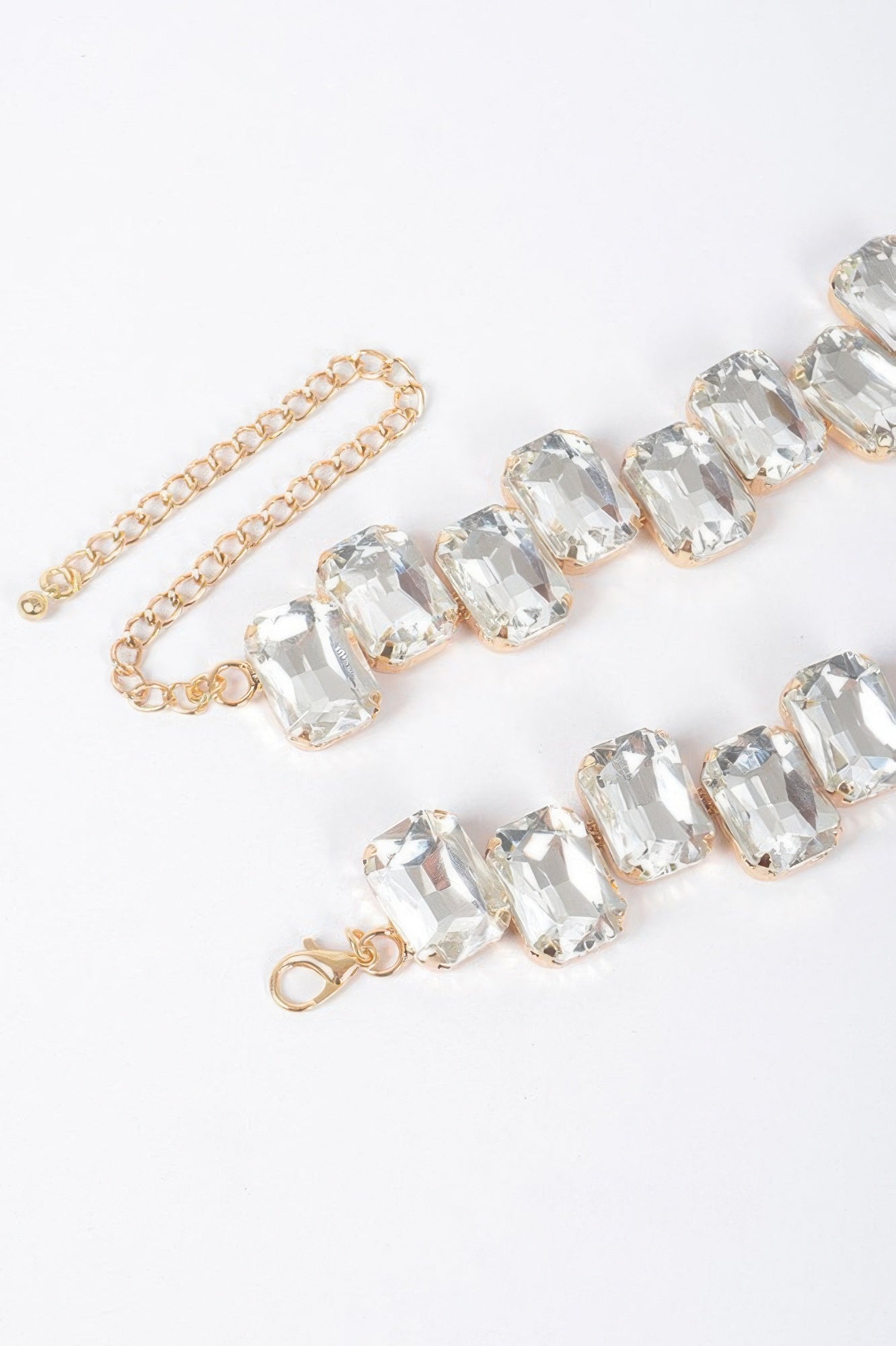 Golden Heir Elysian Prismatic Sovereign Collar, 14-inch architectural stone necklace with clear gold accents, statement jewelry piece.
